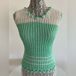 Green and White Sleeveless Knit Top